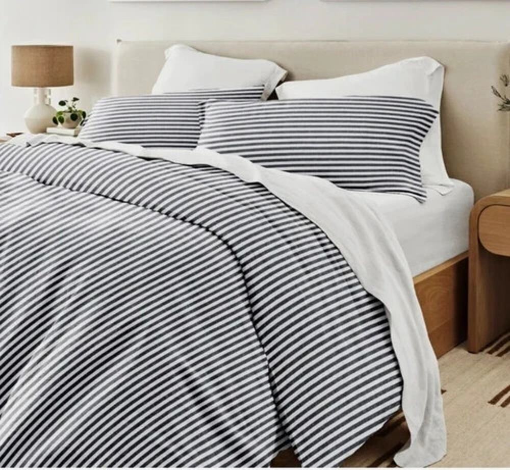 3-pc REBECCA MINKOFF Cotton NAVY BLUE Striped QUEEN Duvet Cover Set - ALL COTTON